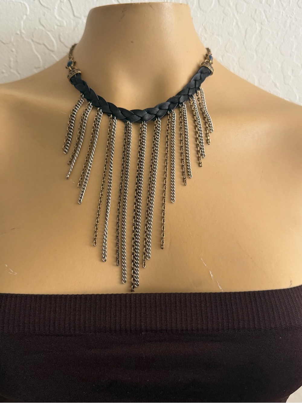 Lucky Brand Fringe Necklace Braided Leather Bohemian Style
